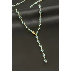 Oval Zirkon Taşlı Çelik Y Kolye-Mor