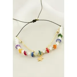 Yıldızı Kırık Doğaltaş Kristal Zincirli Bileklik-Sarı