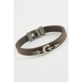 Ay Yıldız Ok Kaliteli Suni Deri Bileklik-Kahverengi