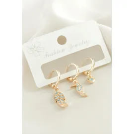 3 Adet Yaprak Zirkon Taşlı Küpe-Sarı