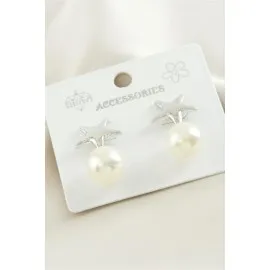 Yıldız Metal İnci Küpe-Gümüş Rengi