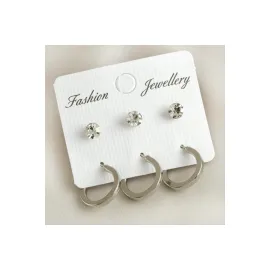 6 Adet Köşeli Taşlı Halka Küpe 1,5 cm-Gümüş Rengi