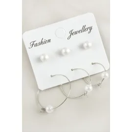 6 Adet İnci Halka Küpe 2,5 cm-Gümüş Rengi