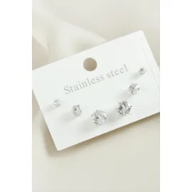 6 Adet Yuvarlak Zirkon Taşlı Çelik Küpe-Gümüş Rengi