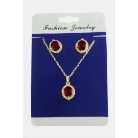 Oval Zirkon Taşlı Set Kolye-Kırmızı