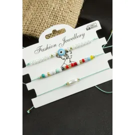 3 Adet Nazar Kristal Kum Boncuk Bileklik-Su Yeşili