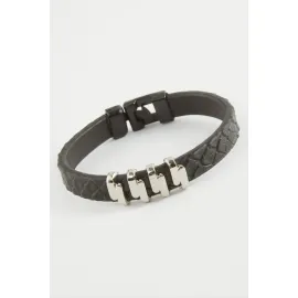 Zikzak Kaliteli Suni Deri Bileklik-Siyah