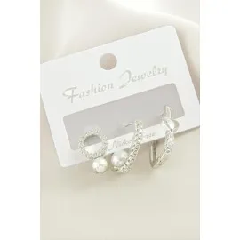 3 Adet Kalp İnci Zirkon Taşlı Küpe-Gümüş Rengi