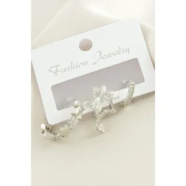 3 Adet Yıldız Zirkon Taşlı Küpe-Gümüş Rengi