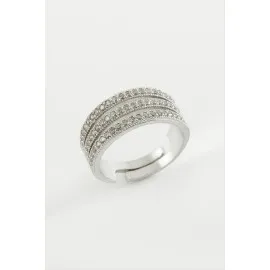 Üç Sıra Zirkon Taşlı Yüzük-Gümüş Rengi