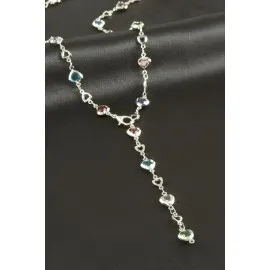 Kalp Zirkon Taşlı Y Kolye-Gümüş Rengi