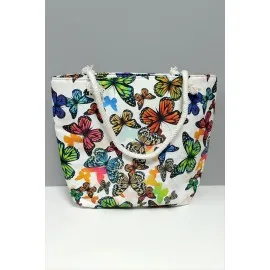 Kelebek Desenli Plaj Çantası-Beyaz