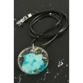 Ortanca Çiçek Epoksi Kolye-Mavi