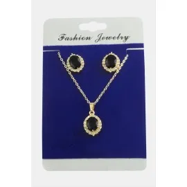 Oval Zirkon Taşlı Set Kolye-Siyah
