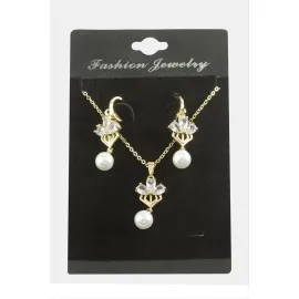 Çiçek İnci Zirkon Taşlı Set Kolye-Gümüş Rengi