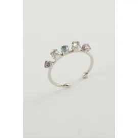 Oval Renkli Taşlı Yüzük-Gümüş Rengi