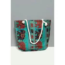 Satürn Desenli Plaj Çantası-Yeşil