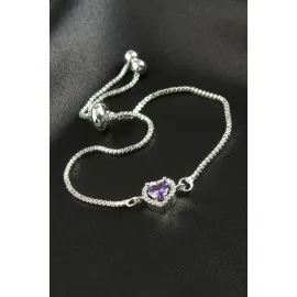 Kalp Zirkon Taşlı Asansörlü Bileklik  Ciddi İlişki Bilekliği-Mor