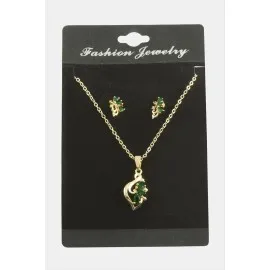 Çiçek Zirkon Taşlı Set Kolye-Yeşil