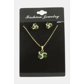 Çiçek Damla Zirkon Taşlı Set Kolye-Yeşil