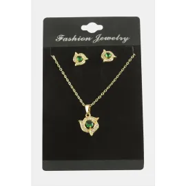 Çiçek Zirkon Taşlı Set Kolye-Yeşil