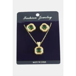 Kare Zirkon Taşlı Set Kolye-Gümüş Rengi