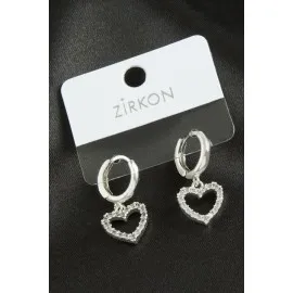 Kalp Zirkon Taşlı Küpe-Gümüş Rengi