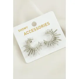 Güneş Trend Taşlı Metal Küpe-Gümüş Rengi