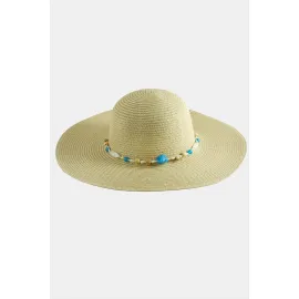 Boncuklu Hasır Şapka-Bej