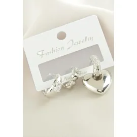 3 Adet Kalp  Zirkon Taşlı Küpe-Gümüş Rengi