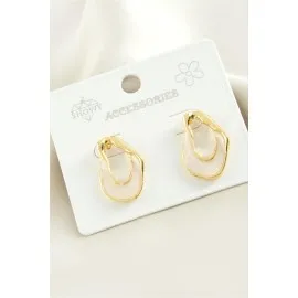 Oval Mineli Metal Küpe-Krem