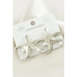 Deniz Yıldızı Metal İnci Küpe-Gümüş Rengi