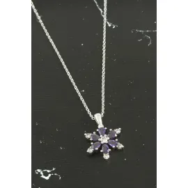 Lotus Zirkon Taşlı Trend Kolye-Mor