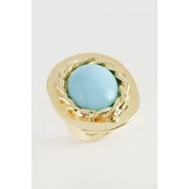 Oval Turkuaz Taşlı Yüzük-Sarı