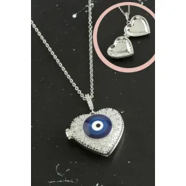 Kalp Nazar Kapaklı Zirkon Taşlı Çelik Kolye-Gümüş Rengi