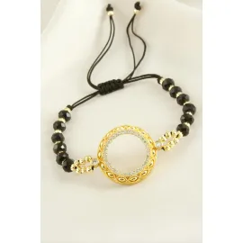 Çeyrek Altın Koyulabilir Kristal Taşlı Bileklik-Siyah