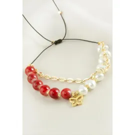 Kelebek İnci Boncuk Zincirli Bileklik-Kırmızı