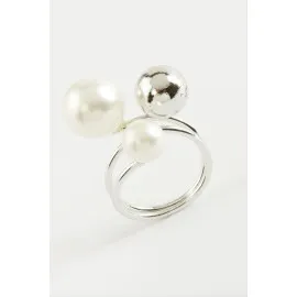 Yuvarlak İnci Metal Yüzük-Gümüş Rengi