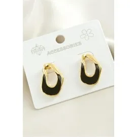 Oval Mineli Metal Küpe-Siyah