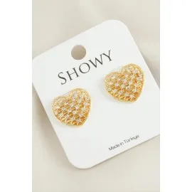 Kalp Yeni Sezon Taşlı Küpe-Sarı