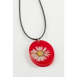 Papatya Oval Epoksi Kolye-Kırmızı