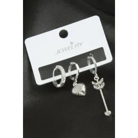 3 Adet Kalp Zirkon Taşlı Küpe-Gümüş Rengi