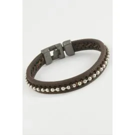 Top Metal Boncuklu Kaliteli Suni Deri Bileklikc-Kahverengi