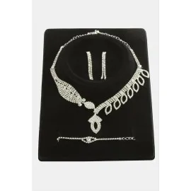 Oval Taşlı Lüks Set Kolye-Gümüş Rengi