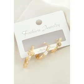 3 Adet Kalp Zirkon Taşlı Küpe-Gümüş Rengi