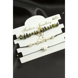 3 Adet Yıldız Kırık Doğaltaş Bileklik-Yeşil-1