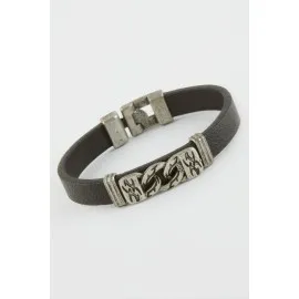 Zincir Desenli Suni Deri Bileklik-Siyah