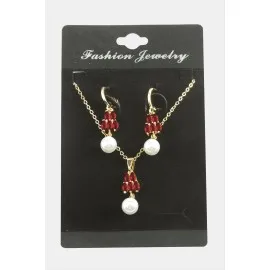 Kalp İnci Zirkon Taşlı Set Kolye-Kırmızı