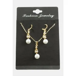 Çiçek İnci Zirkon Taşlı Set Kolye-Gümüş Rengi