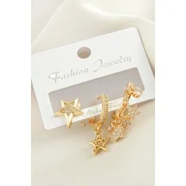 3 Adet Yıldız Zirkon Taşlı Küpe-Sarı